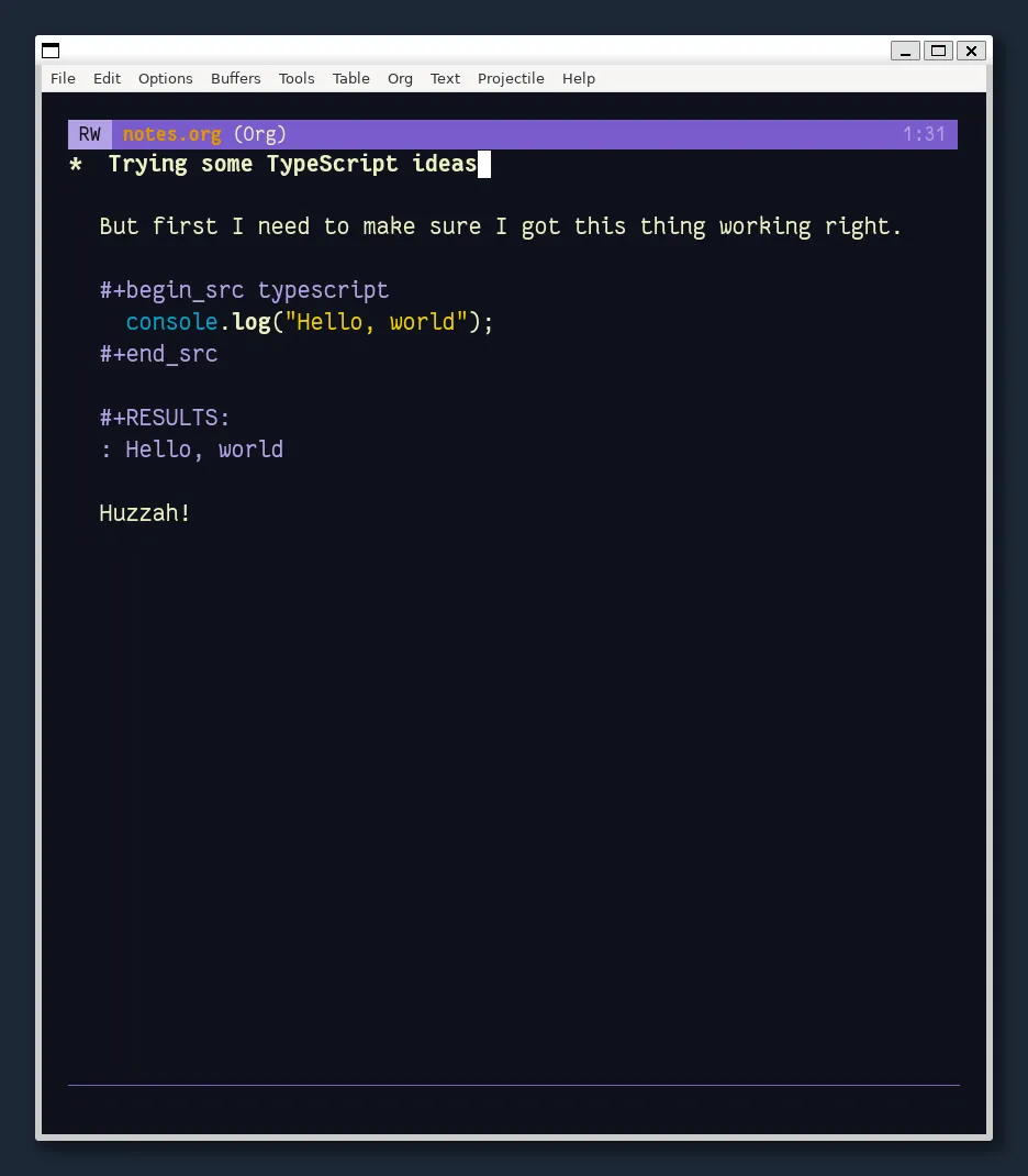 Takes a bit to get there on WSL but the code *does* run. an Emacs Org file showing output of executed typescript block