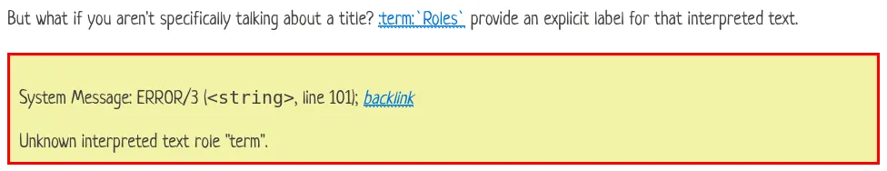 screenshot of docutils error message