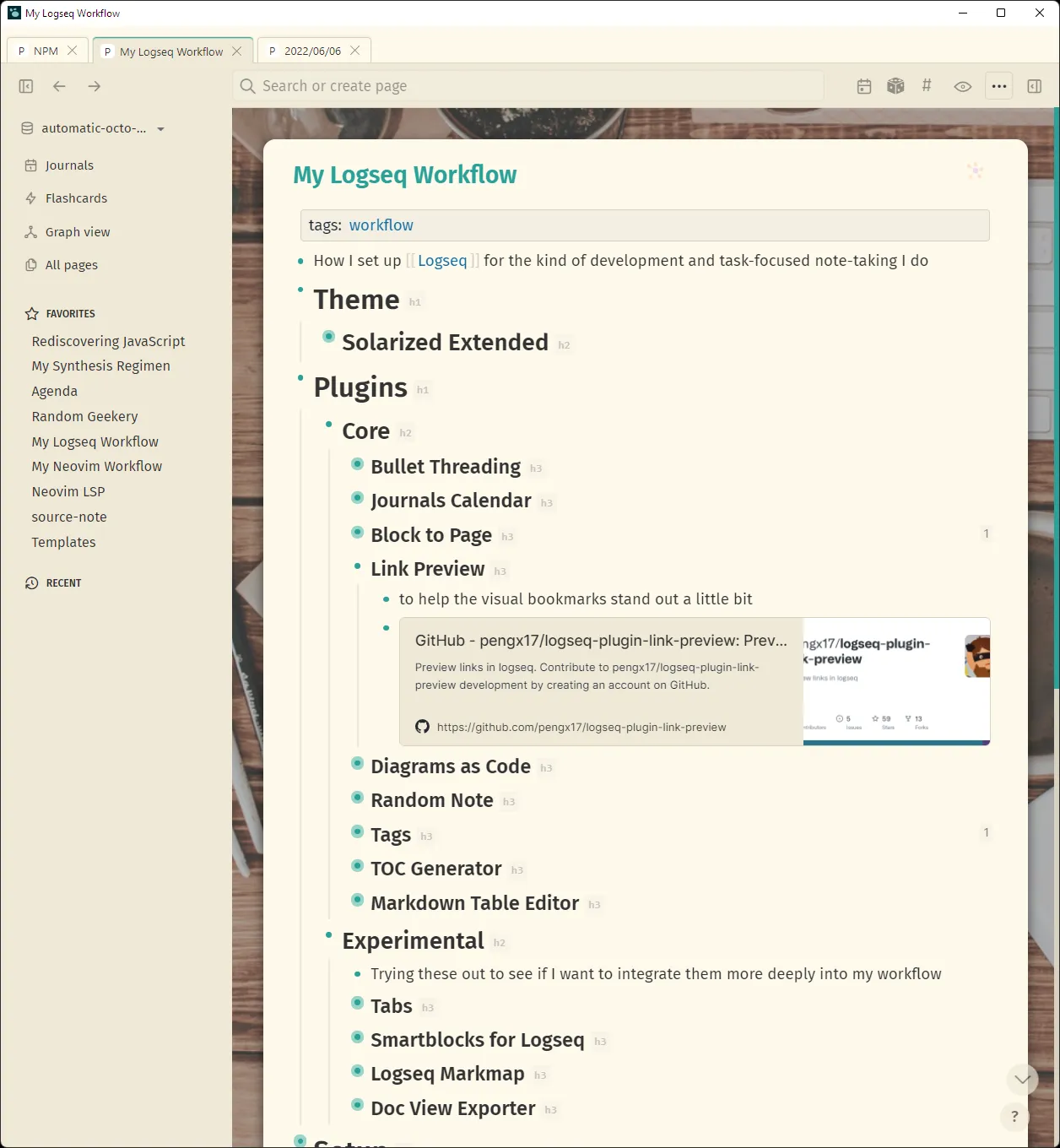 Logseq showing my current setup