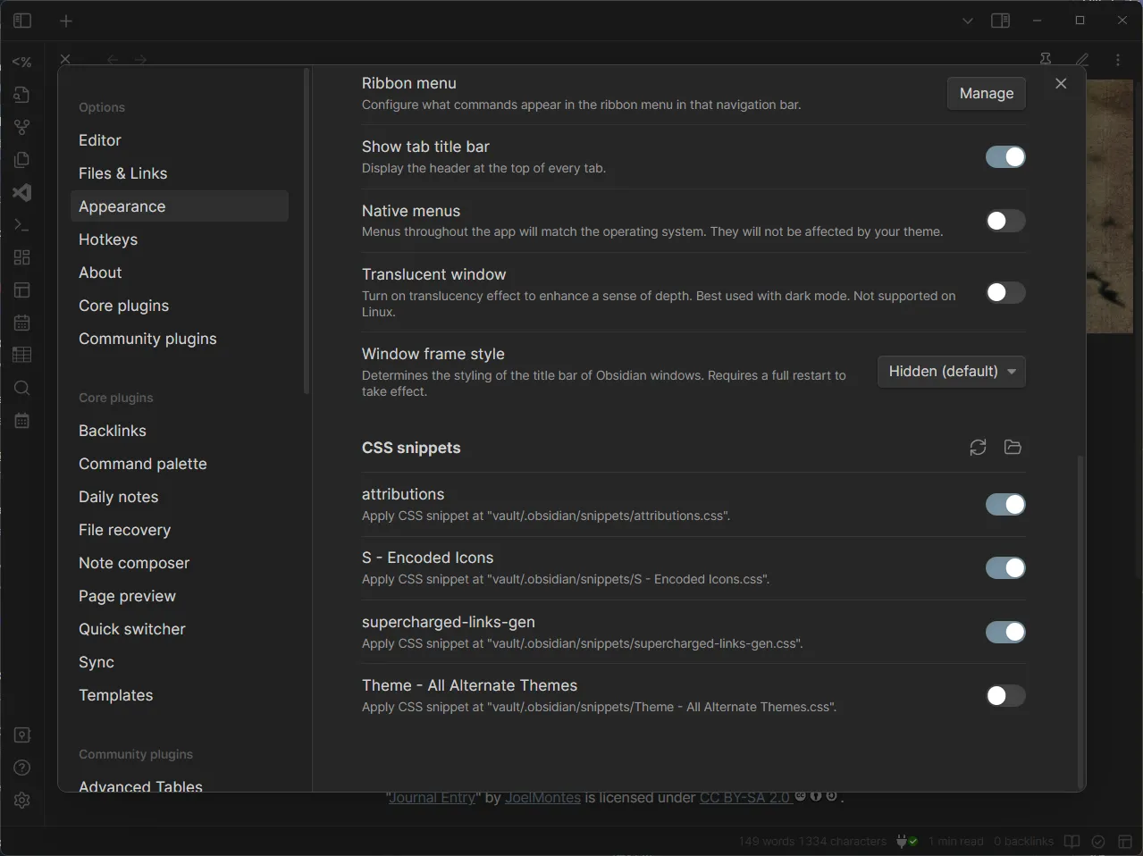 Obsidian CSS snippets settings with attributions enabled