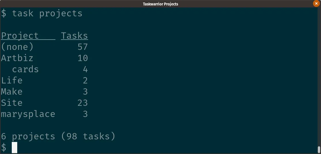 task projects listing with a subproject