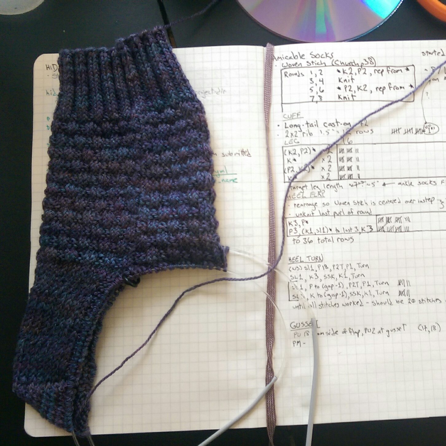 in-progress socks laid out on project page
