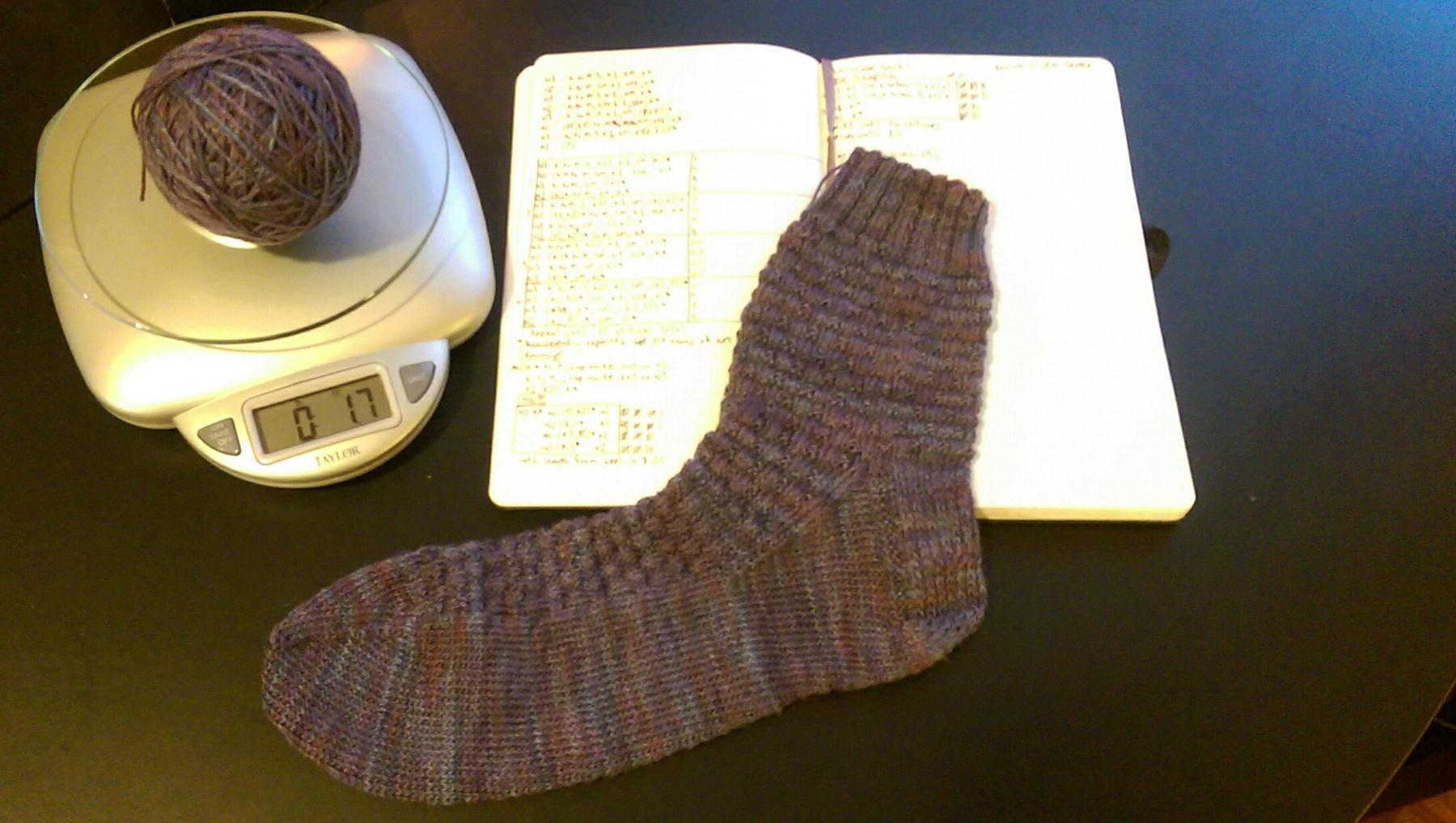 sock laid flat, with remaining yarn on scale