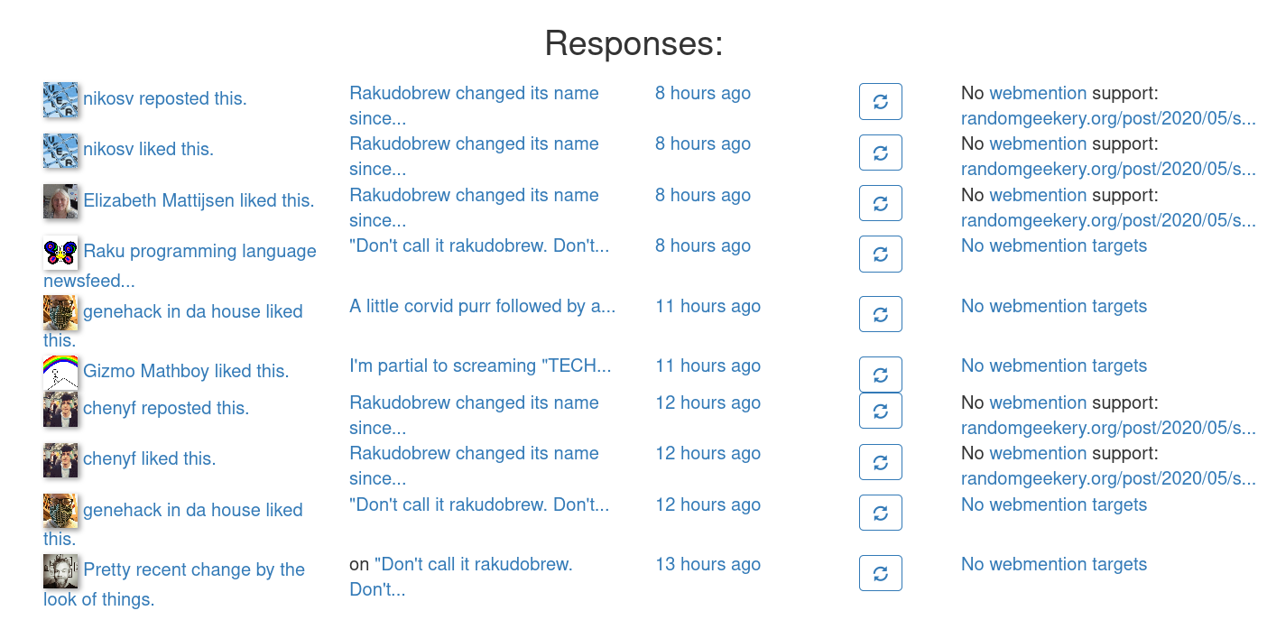 Bridgy dashboard showing “No webmention support” in responses to my old URL