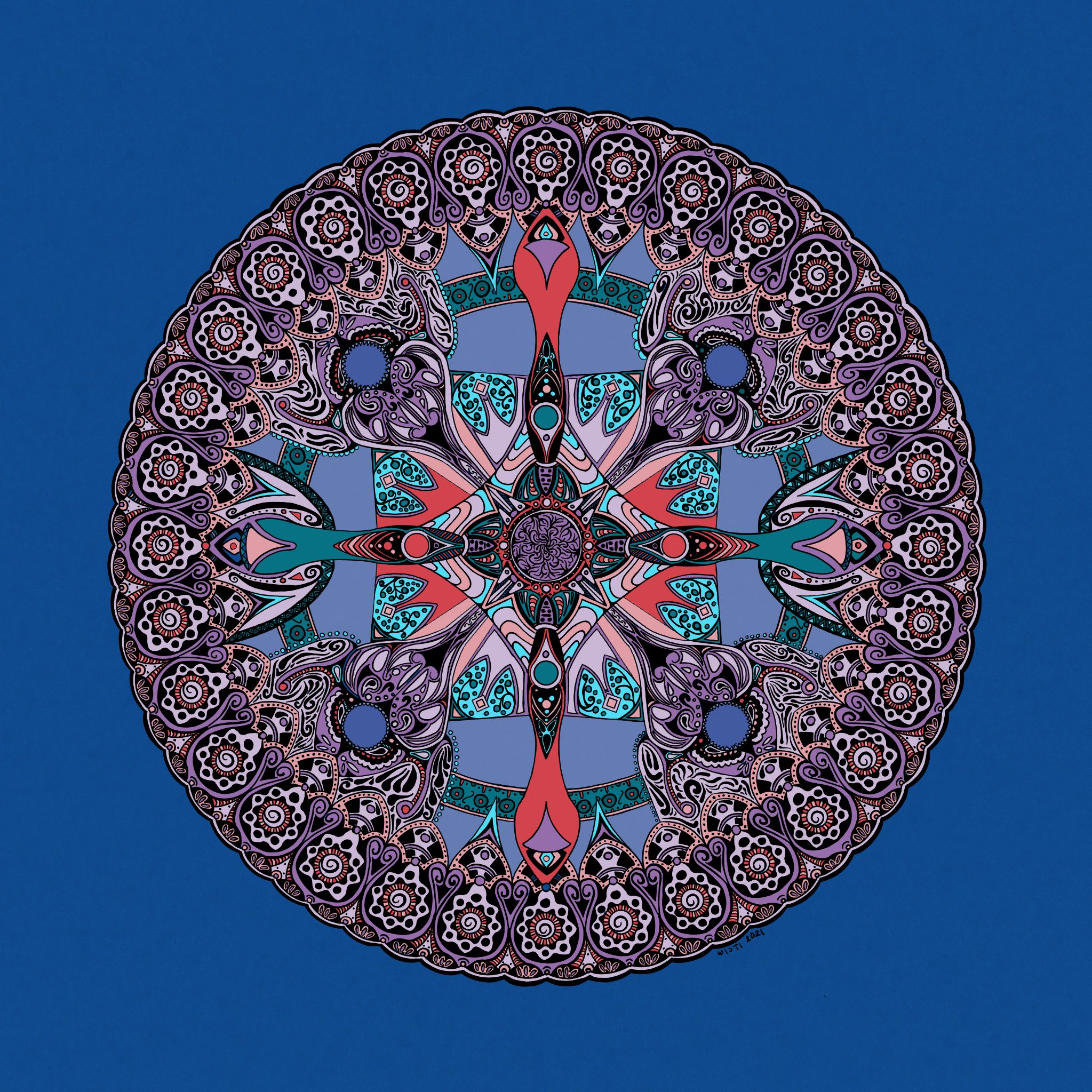 intricate art deco floral themed drawing in primarily purple tones on a blue background