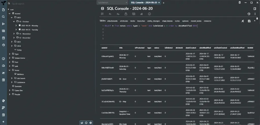in-app SQL Console showing output of