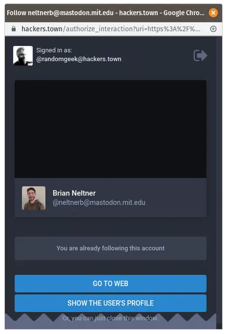 authorized interaction dialog showing I already follow you