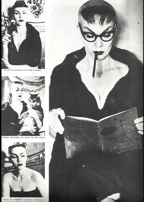 black and white photos of a pale woman which shaved head except forelock, dramatic makeup, occult readings, and a kitty cat