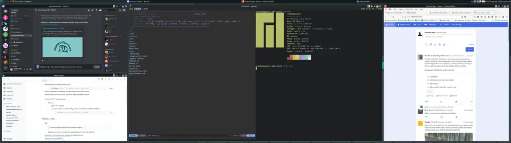 Screenshot showing centerwork layout with first column holding Discord and Logseq, wide center column showing terminal, and last column showing browser on pinafore.social