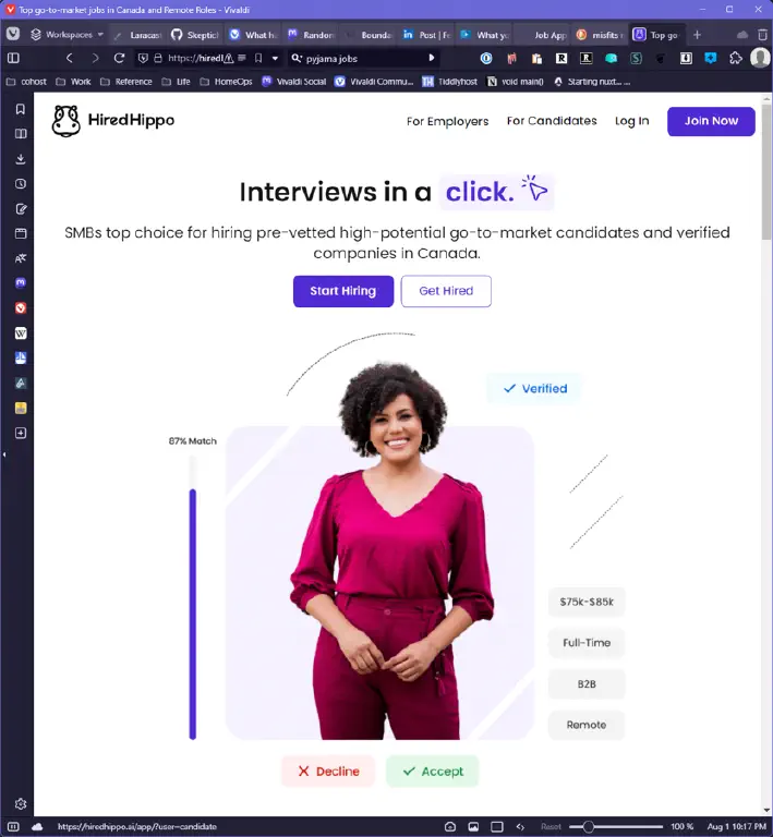 Front page for HiredHippo showing a sample candidate with their needs, match percentage, and buttons to decline or accept