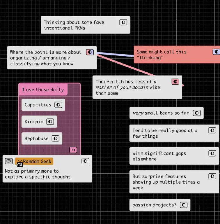 Note cards describing key thoughts about smaller personal knowledge management tools like Kinopio, Capacities, and Heptabase