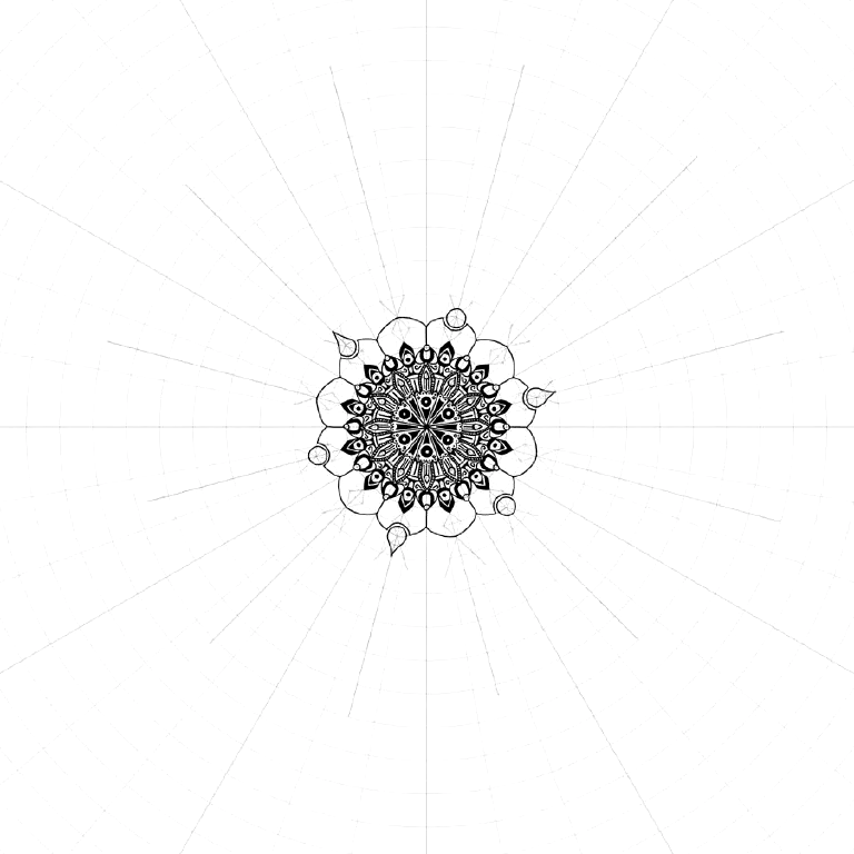 Radial symmetry drawing in progress, with grid template and pencil guide marks