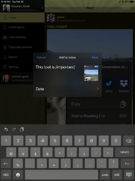 Toot! Screenshot showing beorg share dialog