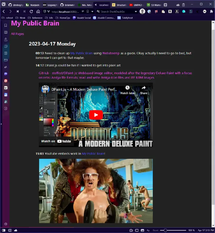 note page with video embed for DPaint.js pixel art program an a second embed playing LMFAO’s “Sexy and I Know It”