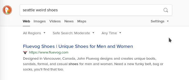 Screenshot of search for &ldquo;weird shoes seattle"and first result: Fluevog