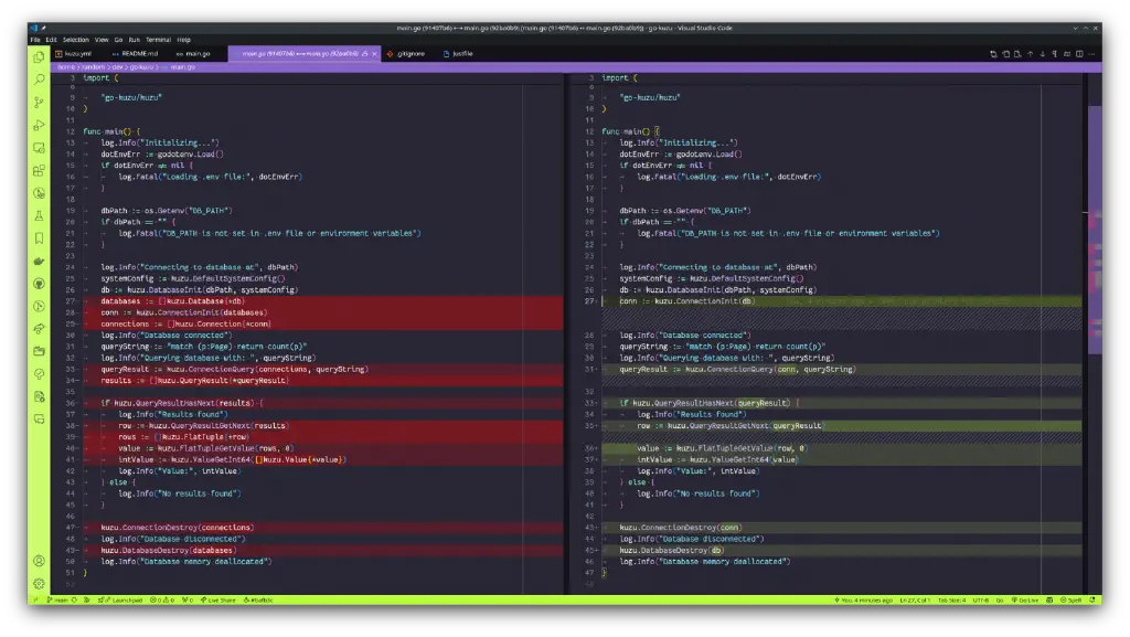 Diff between two versions of Go demo program code to query a Kuzu database; the first shows functions being called and their results being stuff into slices so they can be used in other functions; the second shows the results being used directly without intermediate slices.