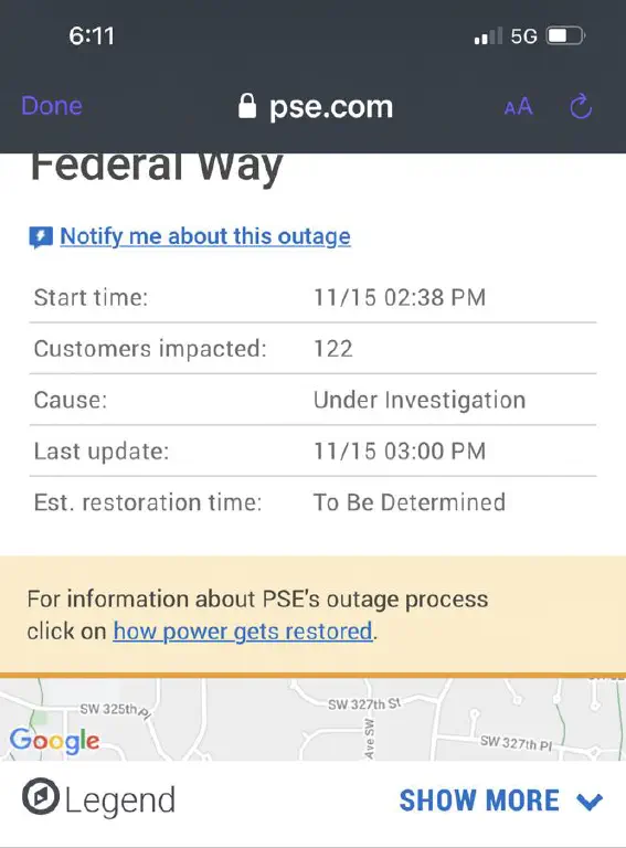 Luger sound energy status page for my area’s outage, with restoration time TBD and no update for 3 hours