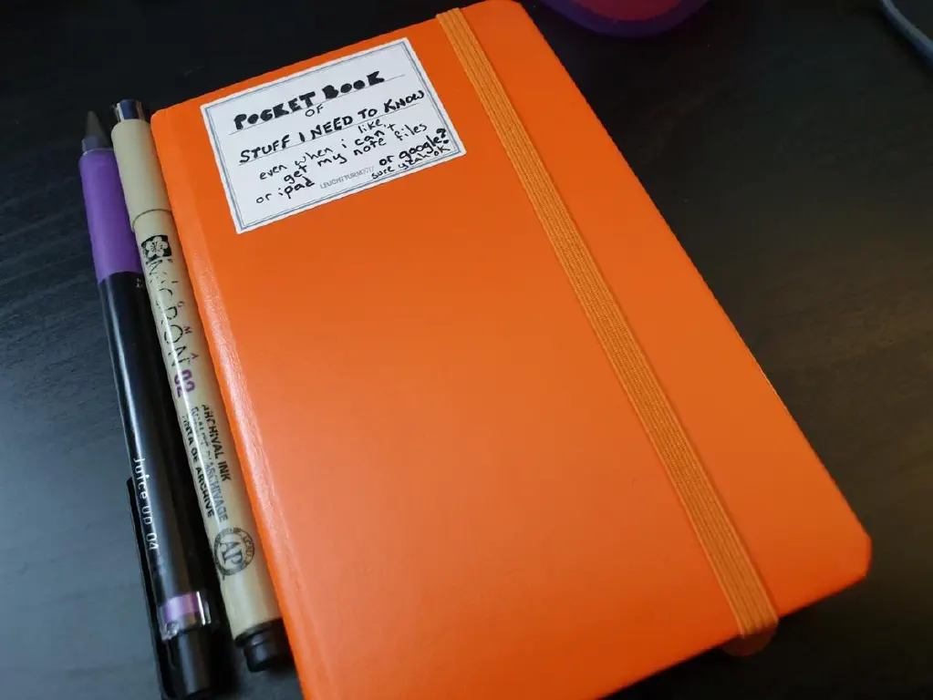 Pocket notebook labeled &ldquo;POCKET BOOK OF STUFF I NEED TO KNOW like even when i can&rsquo;t get my note files or ipad or google? sure yeah ok&rdquo;