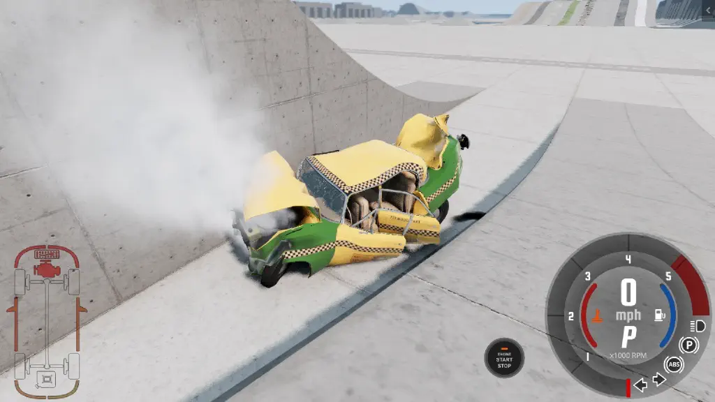 A smashed up taxicab with smoke come from the exhaust and a helpful HUD indicating that the engine is critically damaged