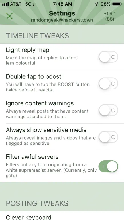 Screenshot showing “filter awful servers” (gab as example) as an enabled preference