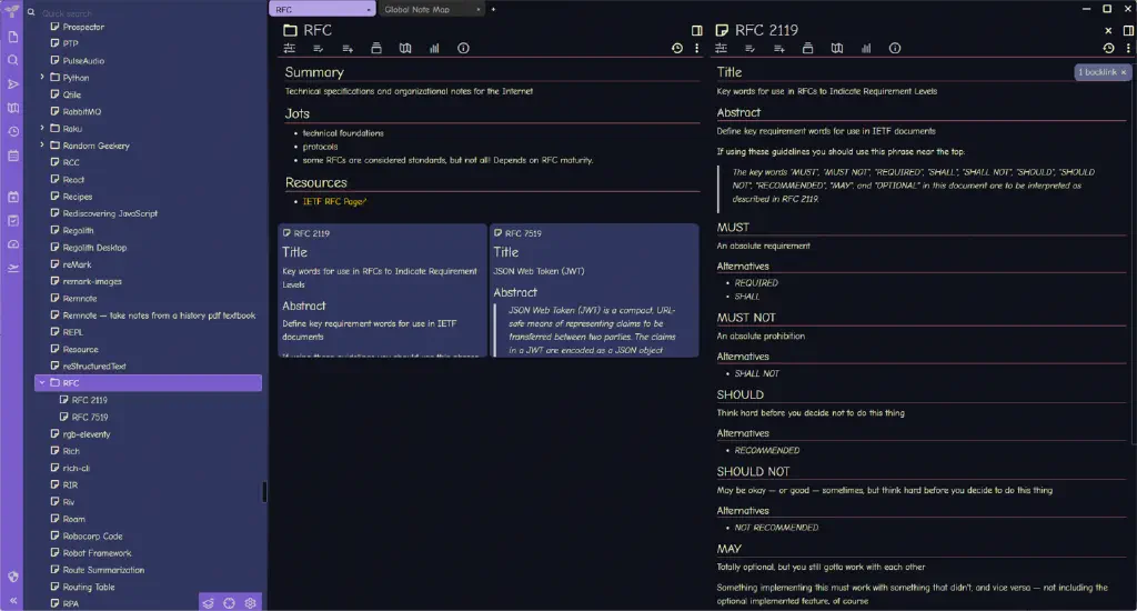 showing folder view sidebar, then a page with subpages, and on the right one of those subpages