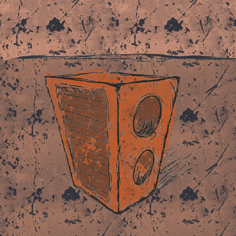 Extremely grungy drawing of something that looks like an old stereo speaker