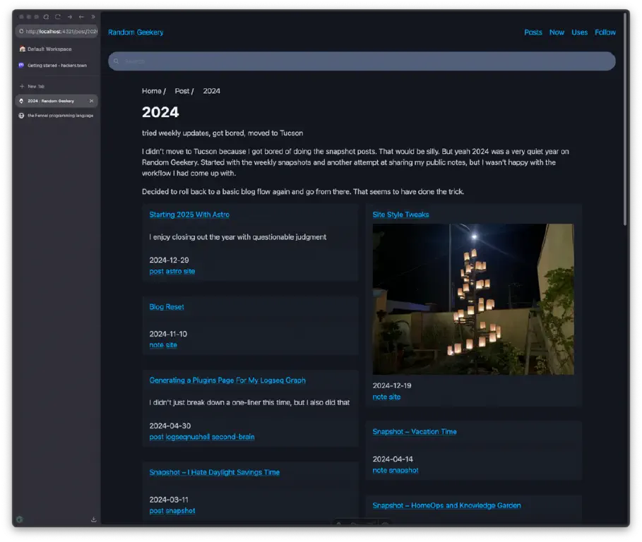 Zen browser view of a post listing in two staggered columns, with post previews taking up more vertical space if they have a cover image.