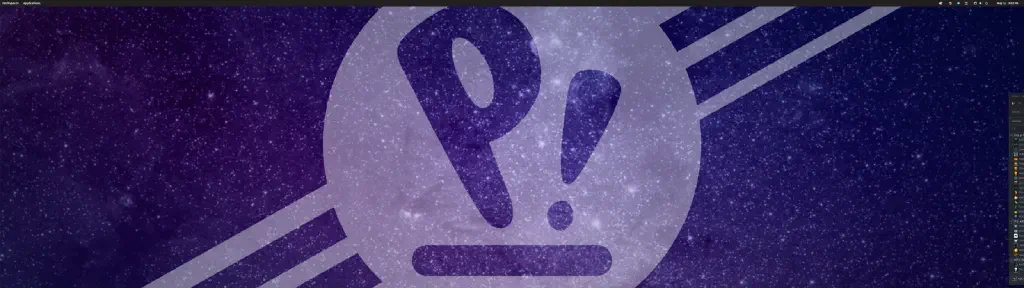 extremely wide desktop screenshot with Pop OS logo for background; the Steam application window is barely visible as a sliver on the right edge of the screen