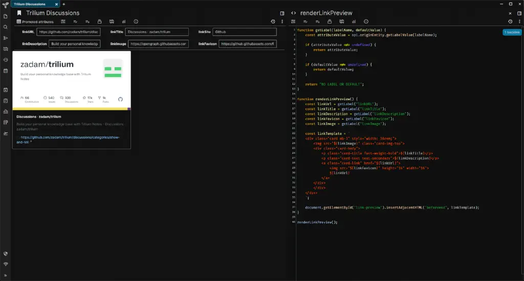 Trilium Notes split between some JavaScript code to show a link preview and an example rendering of that preview