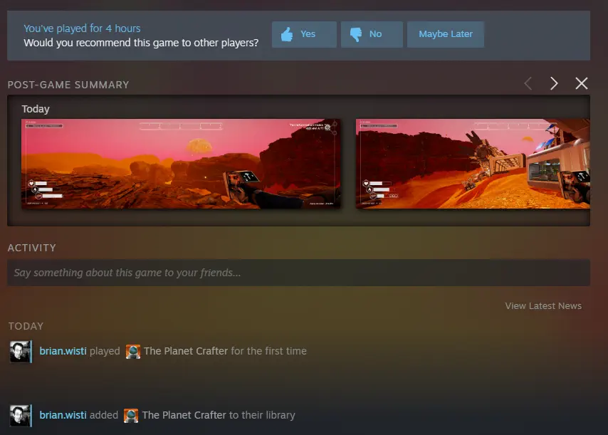 screenshot of Steam library page for Planet Crafter showing a purchase today, first played today, and four hours played.