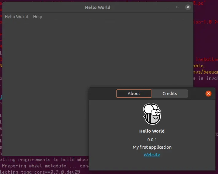 Screenshot of “Hello World” application with an About dialog