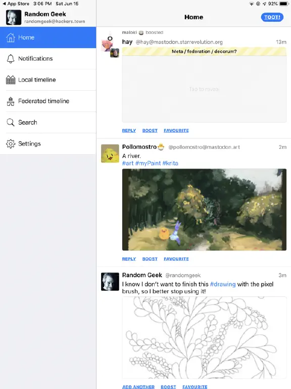 Screenshot of Toot on iPad