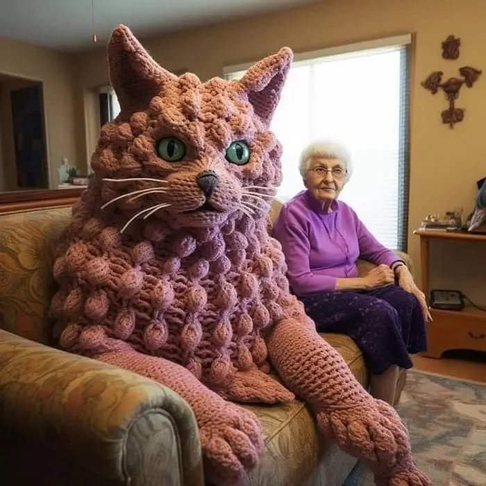 AI-generated image of an old woman with odd-looking hands, on a couch next to a human-sized yarn-crafted cat