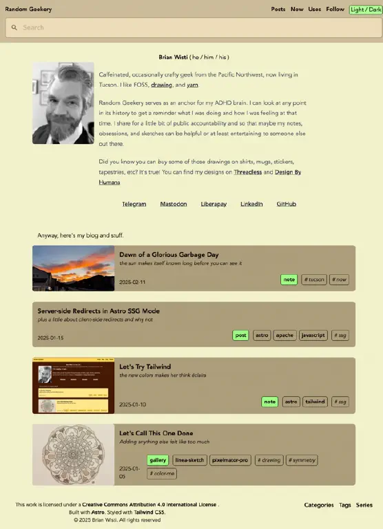 A blog site front page, with light background. A button in the top right corner reads &ldquo;Light/Dark&rdquo;