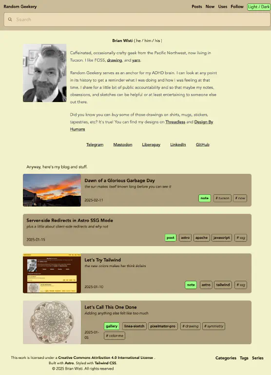 A blog site front page, with light background. A button in the top right corner reads &ldquo;Light/Dark&rdquo;