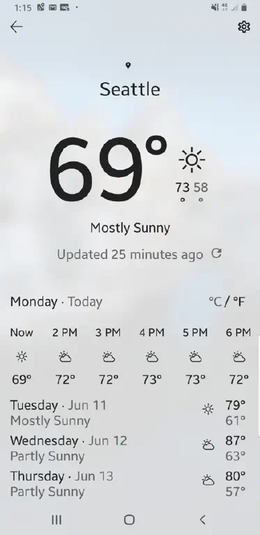 screenshot of phone weather app showing current temperature 69 degrees Fahrenheit