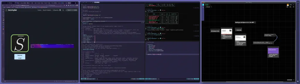 ultrawide desktop showing tidily arranged browser, WezTerm terminal emulator, and Kinopio whiteboard application