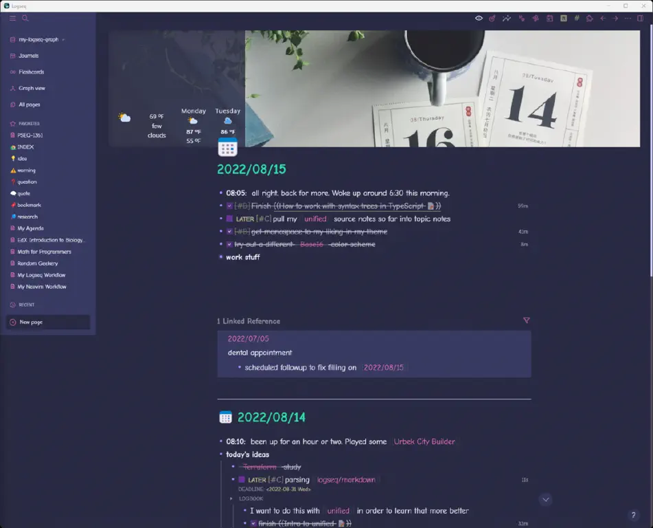 Logseq journal page using purple-tinted &ldquo;rebecca&rdquo; base16 color scheme