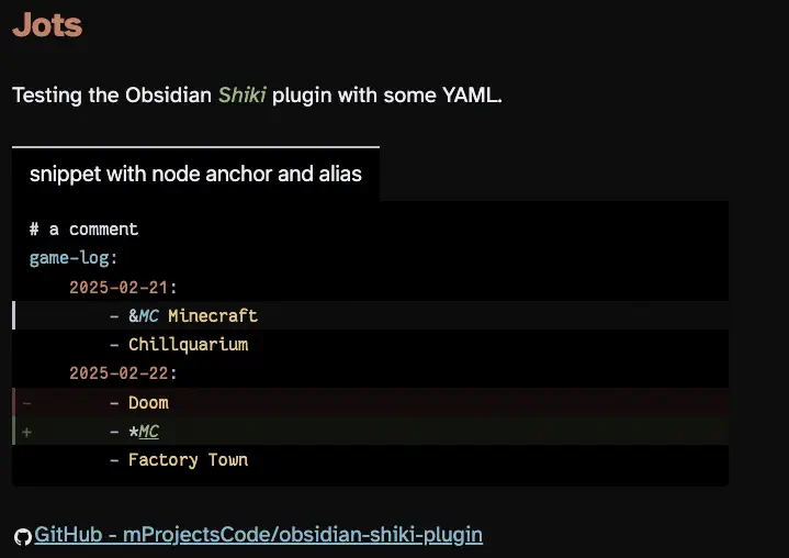 The same code snippet in regular Obsidian editing mode, with titled code block and richly highlighted syntax, showing lines highlighted, marked as deleted, or marked out as inserted as specified in the code block parameters