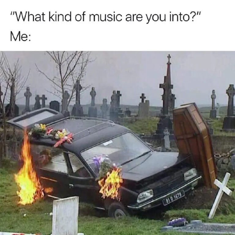 Hearse crashed over an open grave with coffin leaning against it, burning flowers; background: headstones