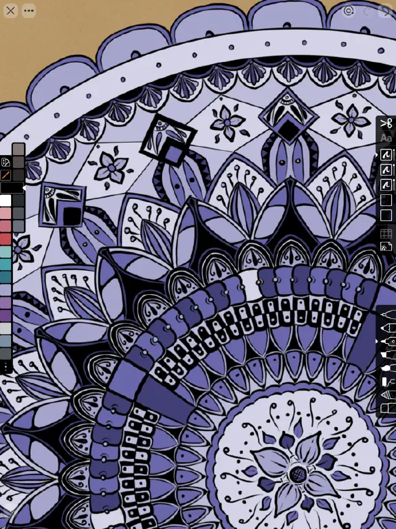 Detail of linework mandala-style drawing colored with shades of purple