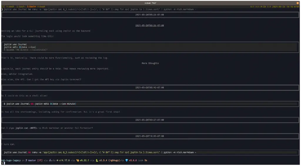 screenshot of a raku one-liner to extract note contents via Joplin’s CLI, then piping to Python Rich for formatted output