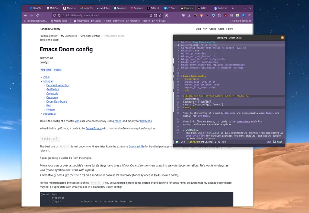 Screenshot showing Emacs Doom config in Emacs and rendered in browser via Zola
