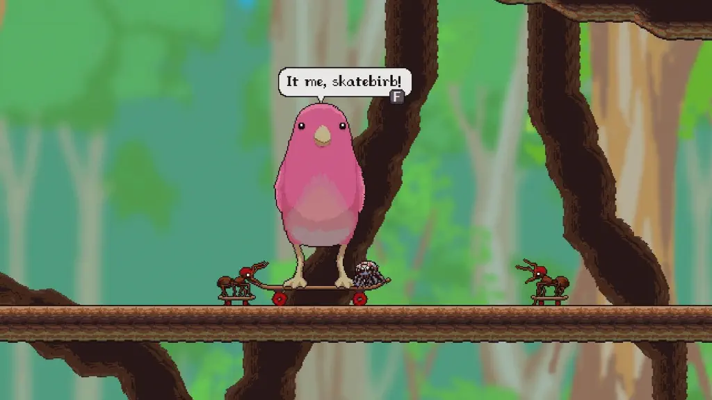 Video game screenshot showing ants on skateboards, and a pink songbird on a skateboard saying &ldquo;It&rsquo;s me, skatebirb!&rdquo;