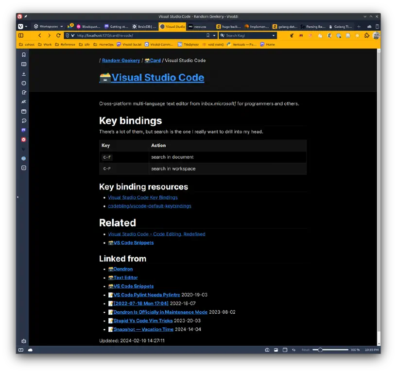 A note page about Visual Studio Code, with breadcrumb trail indicating its path in the note hierarchy, and a list of notes that link to it.