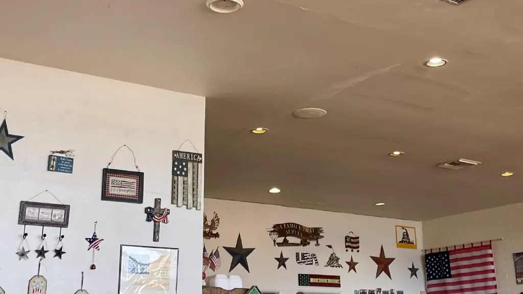diner wall with flags, stars, patriotic slogans