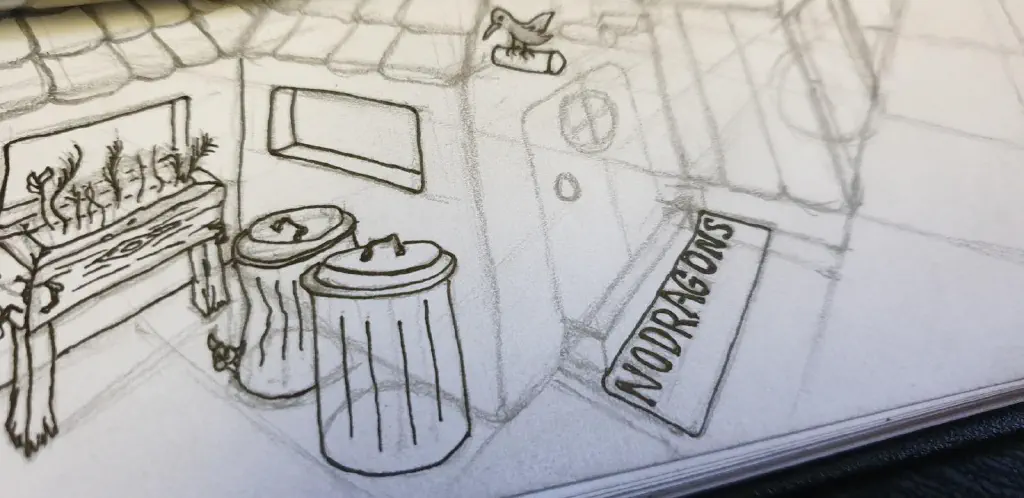 sketch includes welcome mat saying &ldquo;NO DRAGONS&rdquo;