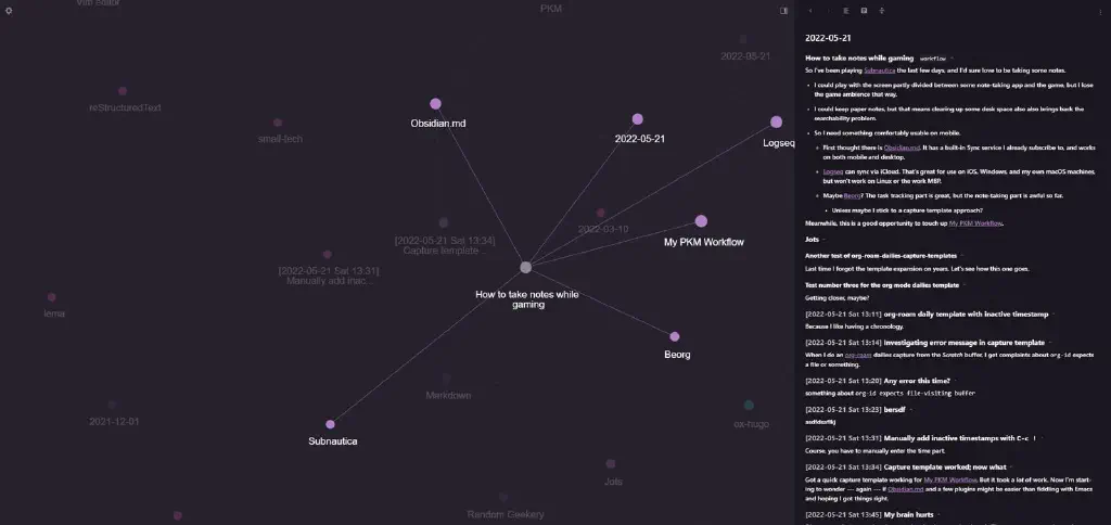 local org-roam-ui graph view showing today’s many attempts at getting the capture template working right.