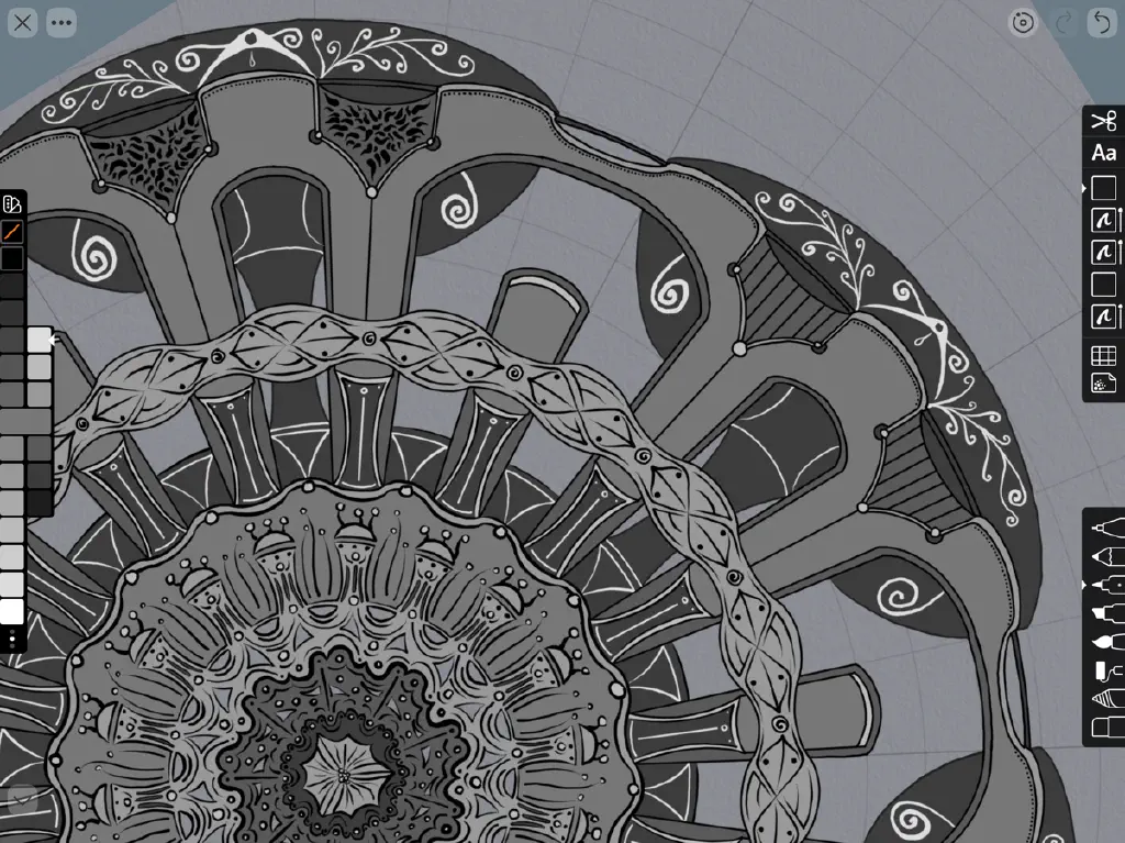 Detail of mandala-style symmetrical drawing with mostly black lines over regions in various shades of gray; the darker regions also have white linework design elements