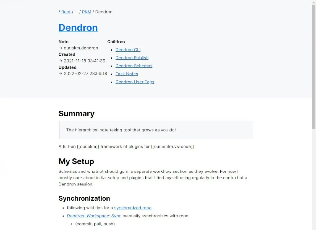 Screenshot of Web page describing the Dendron personal knowledge manager